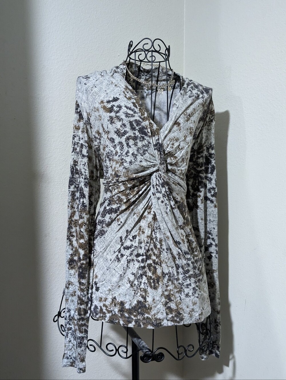 CAbi Twist-Front Velvet Long-Sleeve Top in Taupe and Cream